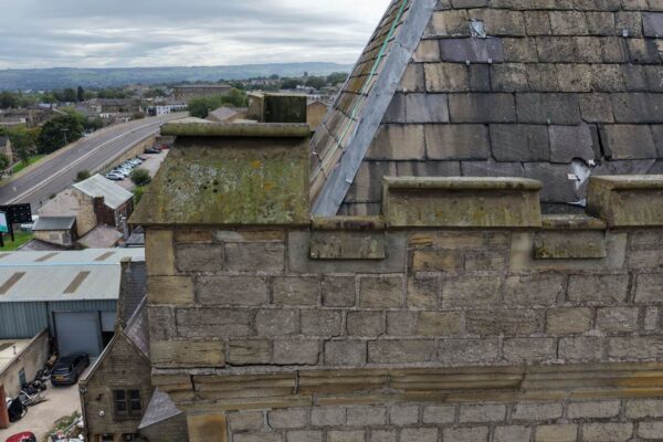 St Mary’s Church Halifax – tower roof Tower roof and slate coverings at St Mary’s Church in Halifax, viewed during the drone inspection.