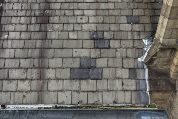 St Mary’s Church Halifax – weathered slates Weathered and uneven slate roof coverings recorded during the external drone inspection at St Mary’s Church, Halifax.