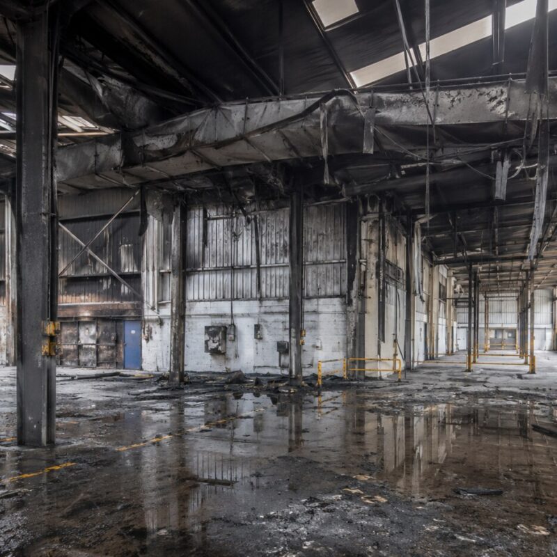 Commercial warehouse interior after fire damage, documented for insurance and recovery planning.
