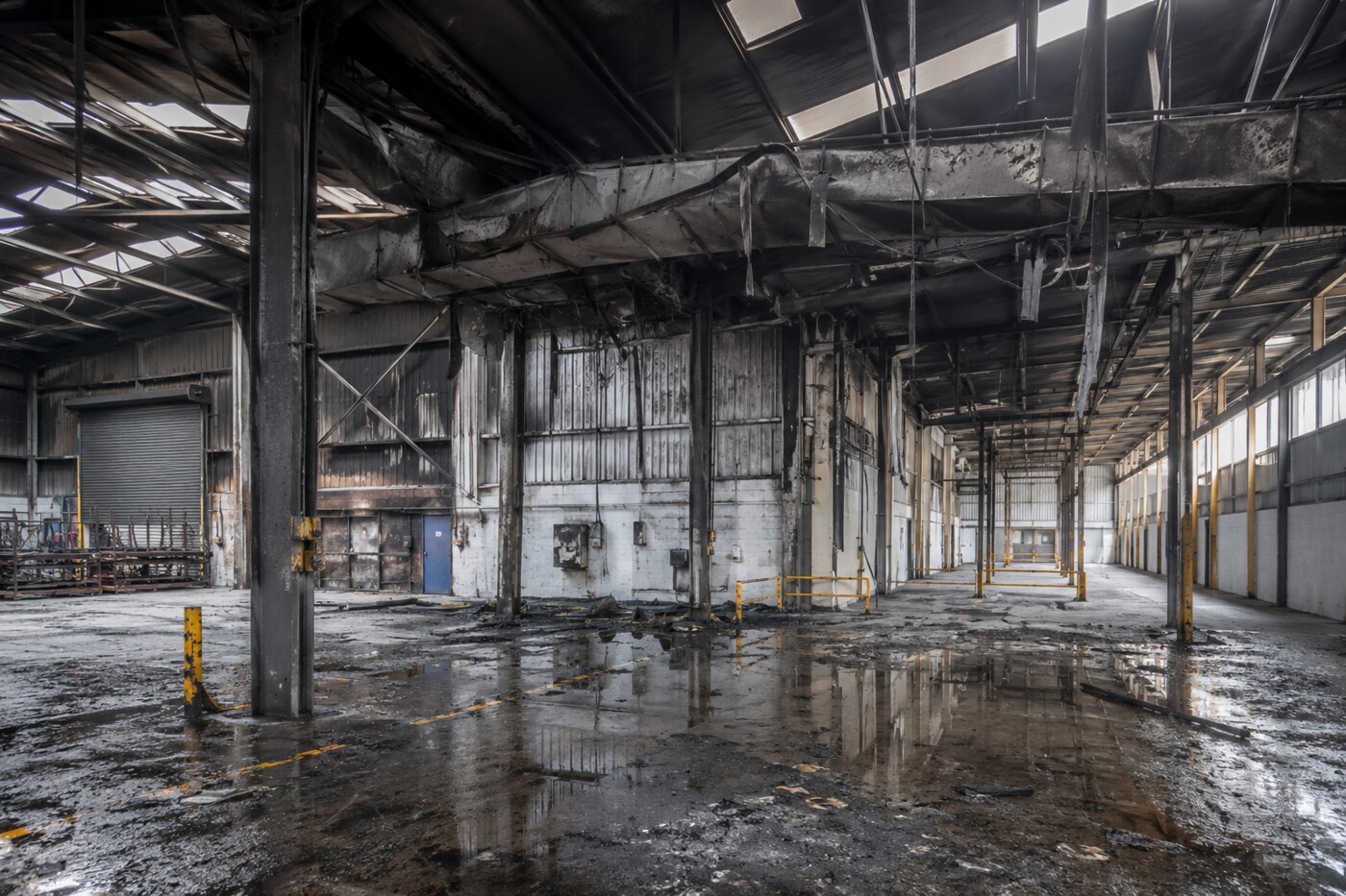 Commercial warehouse interior after fire damage, documented for insurance and recovery planning.