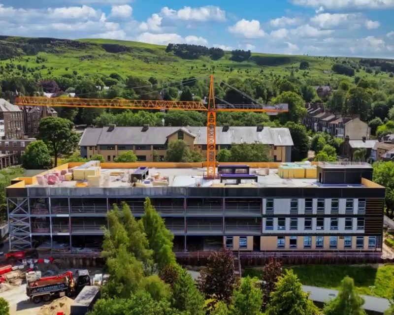 Drone view from the Ilkley Grammar School construction progress video, showing the developing school building