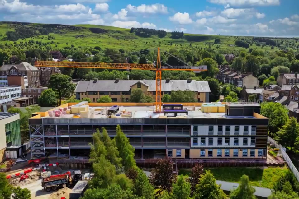 Drone view from the Ilkley Grammar School construction progress video, showing the developing school building