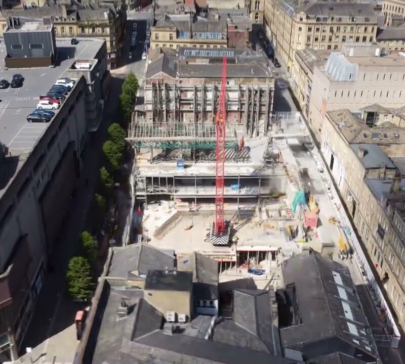 Aerial video frame showing Darley Street Market in Bradford.