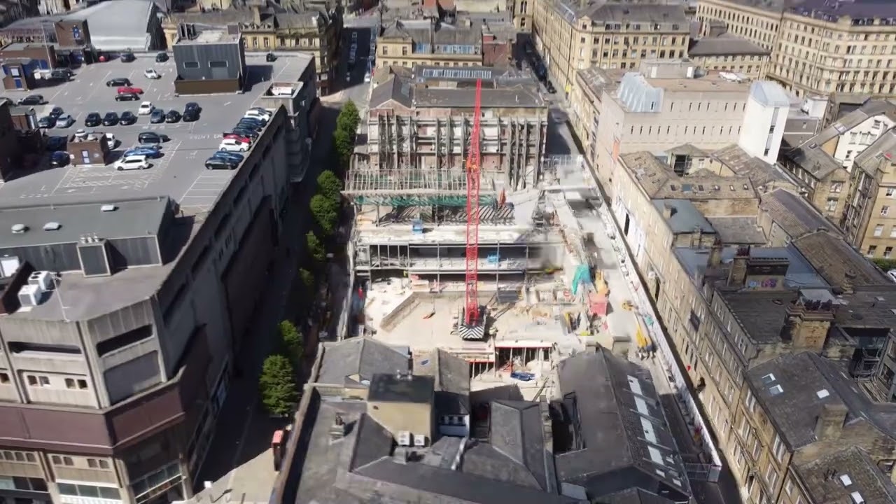Aerial video frame showing Darley Street Market in Bradford.
